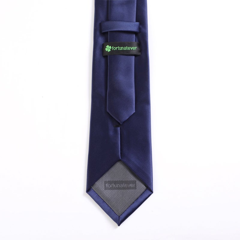 fortunatever Mens Solid Satin Neckties With Gift Box+Pocket Square(Navy Blue) - Image 2